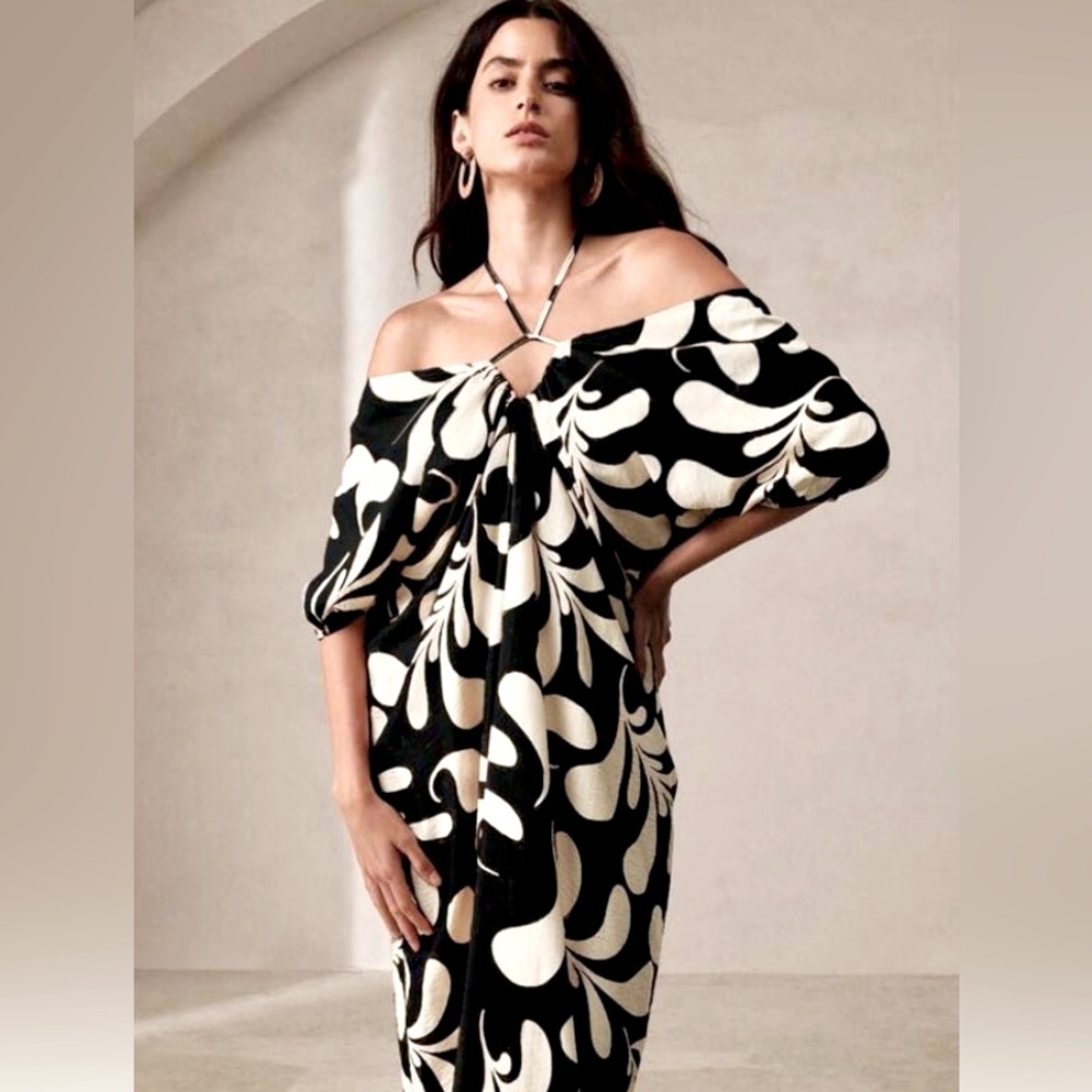 Anewsta Black White Retro Maxi/Oversized Puff Sleeves, Off Shoulder, Halter Tie🌹